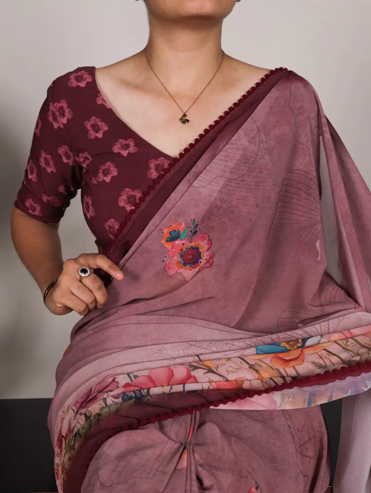 Onion Georgette Floral Saree - Image 2