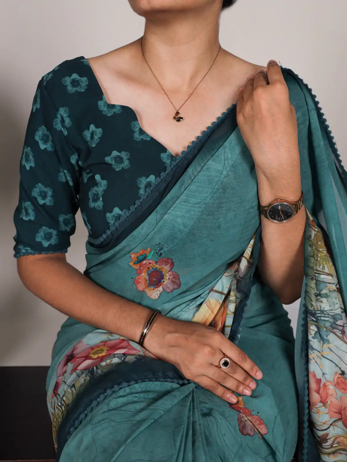 Teal Georgette Floral Saree - Image 2