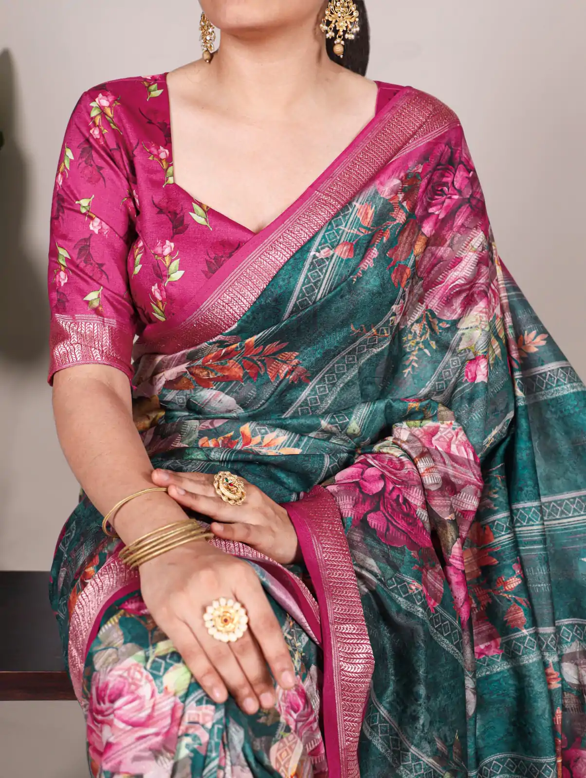 Firozi Tussar Printed Saree - Image 2