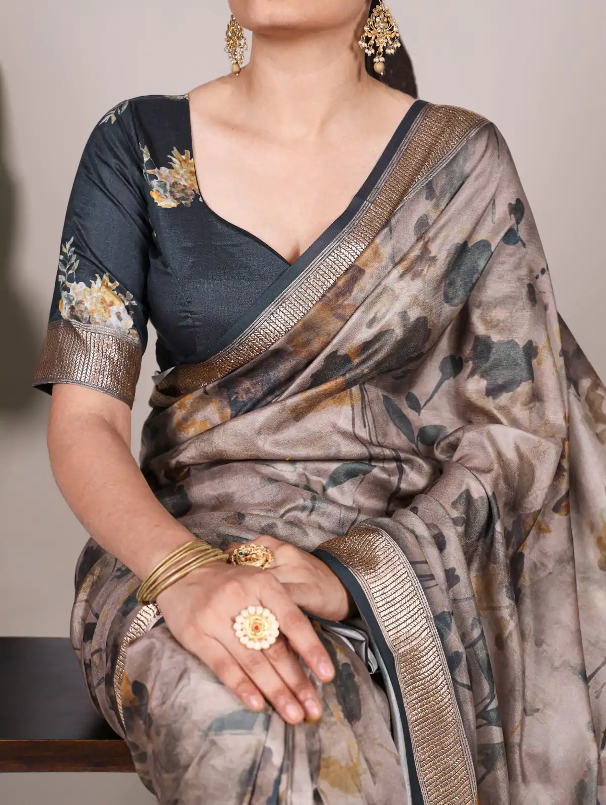 Green Tussar Printed Saree - Image 2