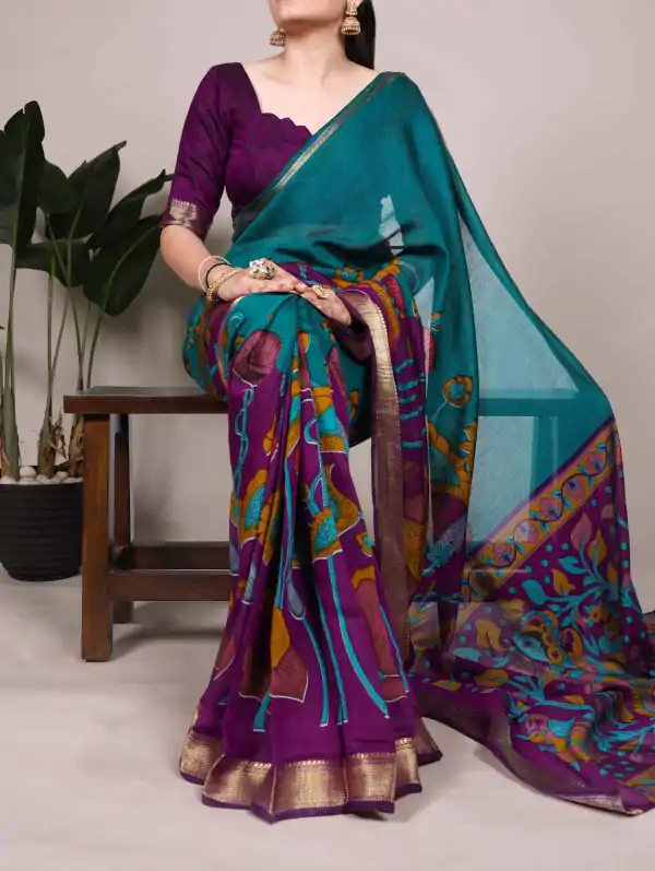 Teal Polyester Printed Saree
