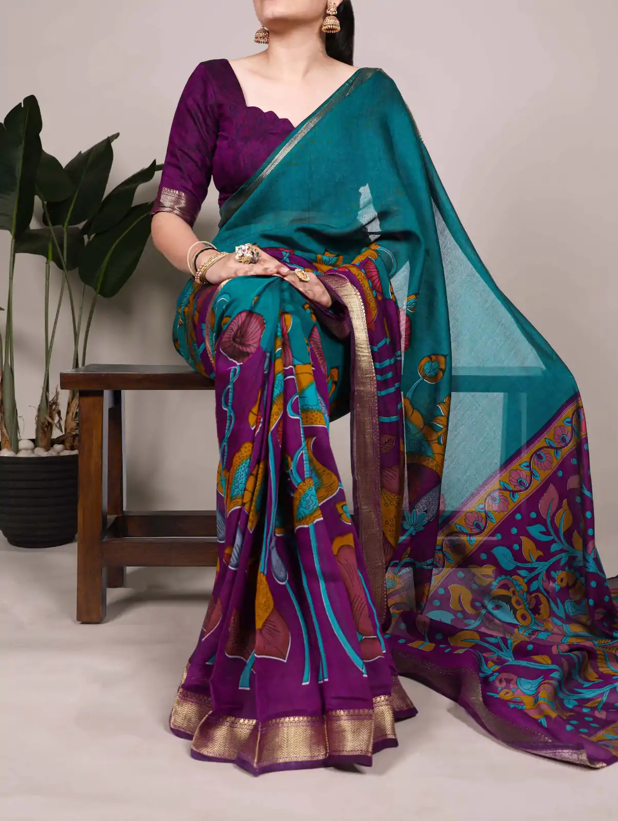 Teal Polyester Printed Saree