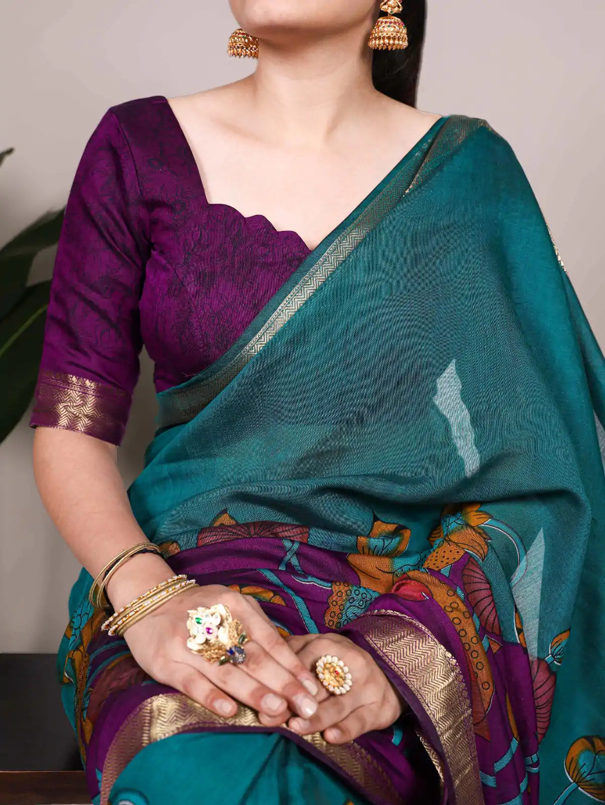 Teal Polyester Printed Saree - Image 2