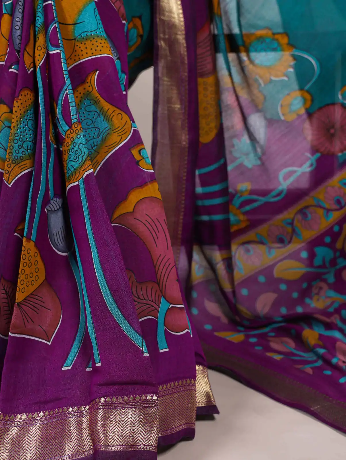 Teal Polyester Printed Saree - Image 3