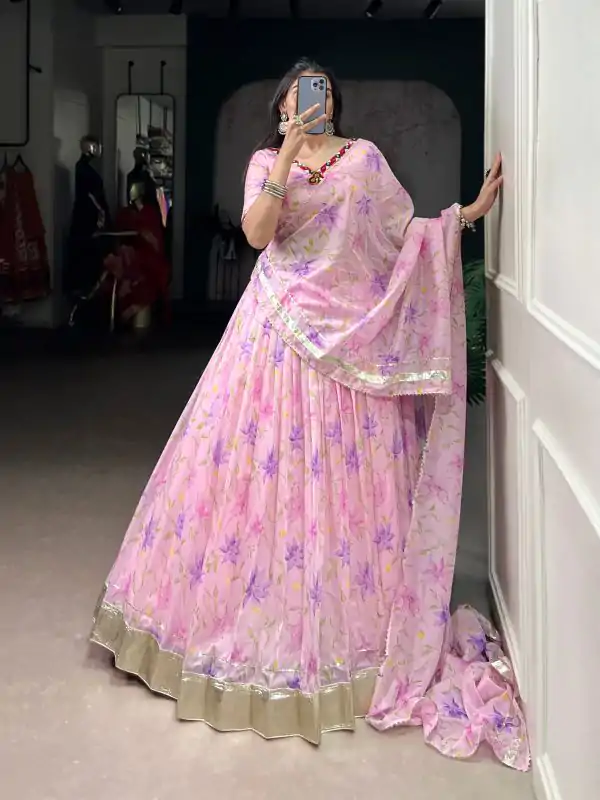 Baby Pink Tabby Embossed Print Lehenga Choli