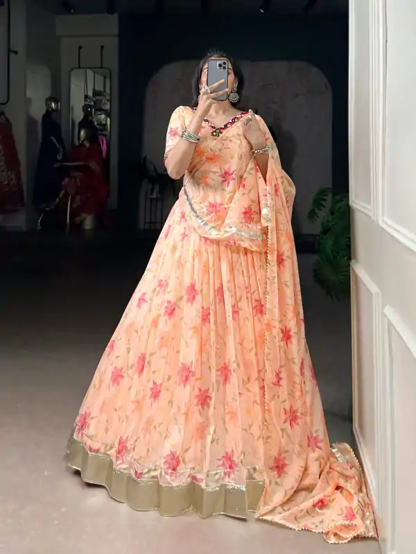 Peach Tabby Embossed Print Lehenga Choli