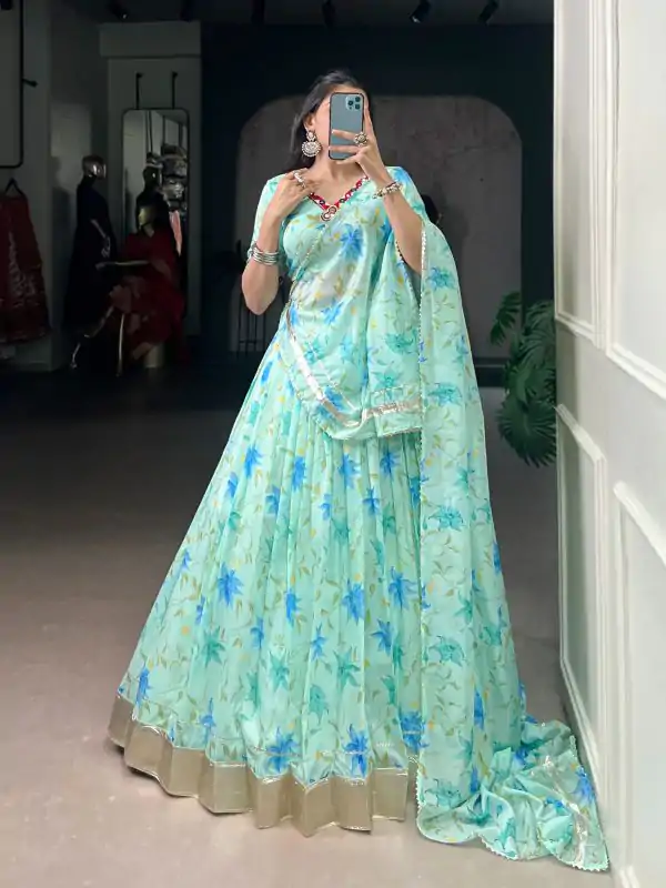 Pista Tabby Embossed Print Lehenga Choli