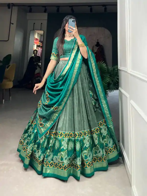 Sea Green Tasar Silk Print Lehenga Choli