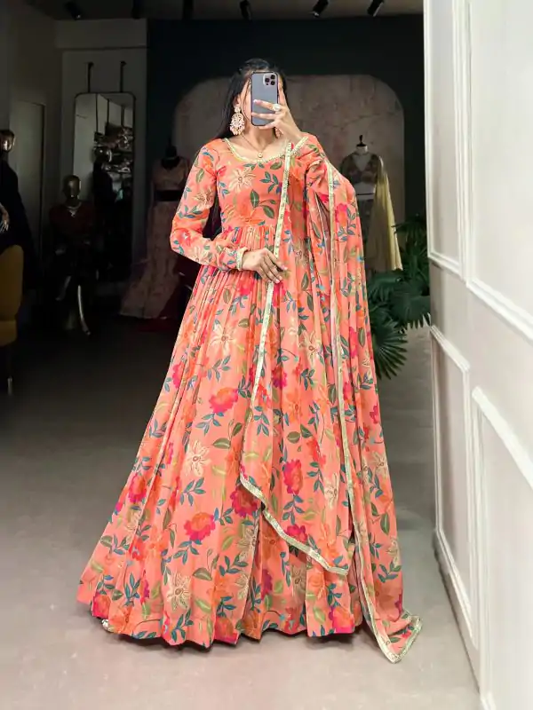 Peach Georgette Printed Gown
