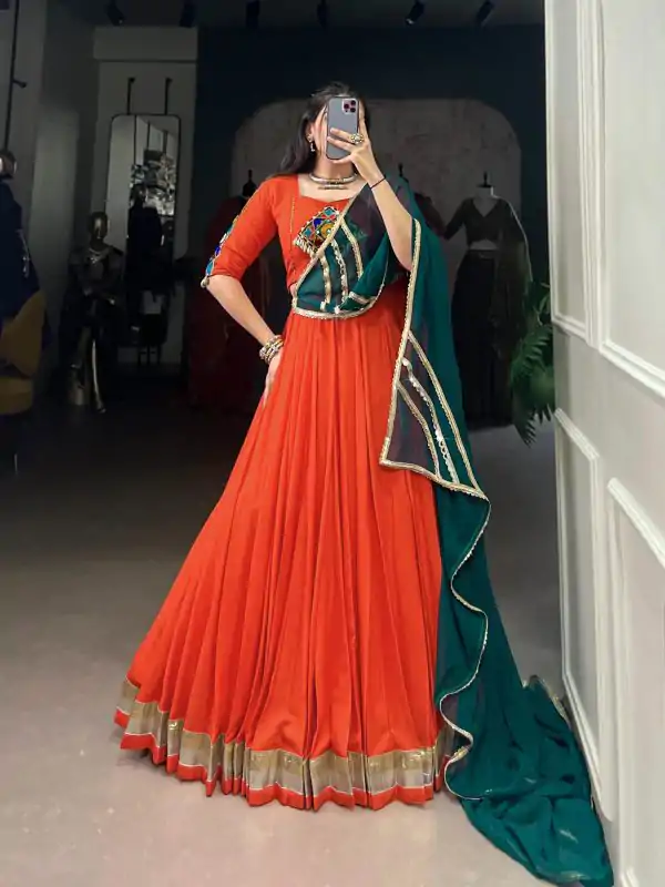 Orange Rayon Embossed Lehenga Choli