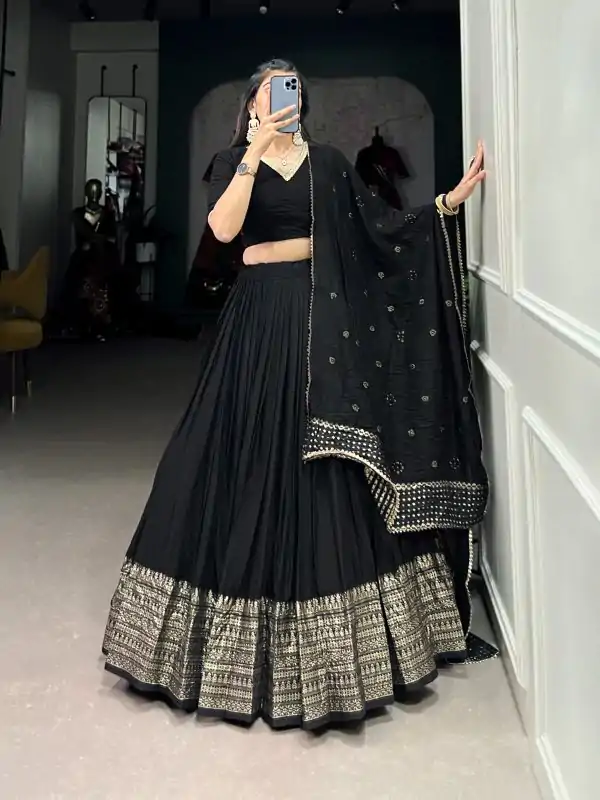 Black Chanderi Weaving Lehenga Choli