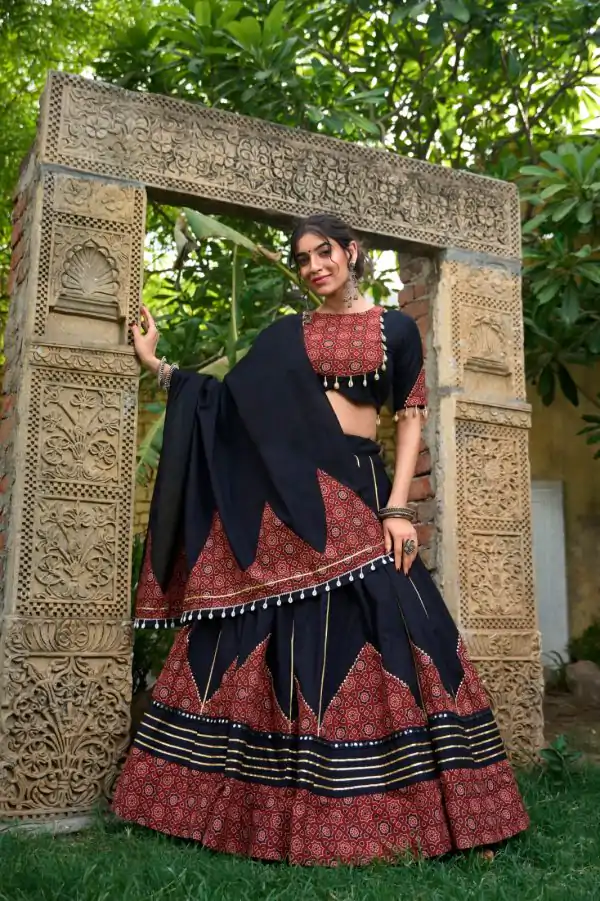 Black Cotton Mirror Work Lehenga Choli