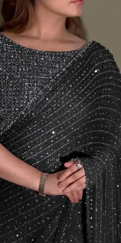 YNF 3452 -DF 3452 Black Color Georgette Sequins Multy Embroidery Work Saree Casual, Wedding, Festive, Events . Expected Delivery  4-6 Working Days @1799/-                                                                                 | Bollywood Sarees, Creative Sarees, Designer Sarees, Embroidered Sarees, Ethnic Saree, Modern Digital sarees, Party Wear Sarees, Sarees