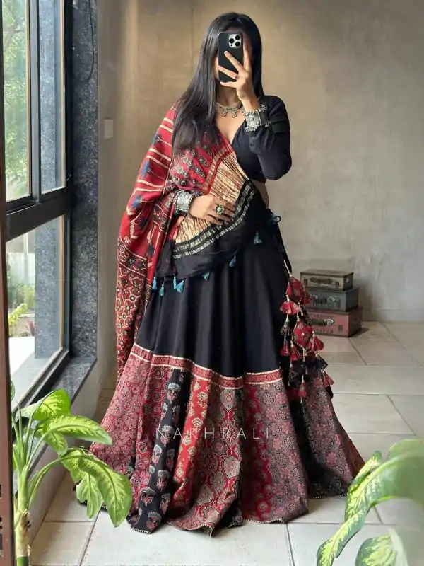 Black Rayon Print Lehenga Choli