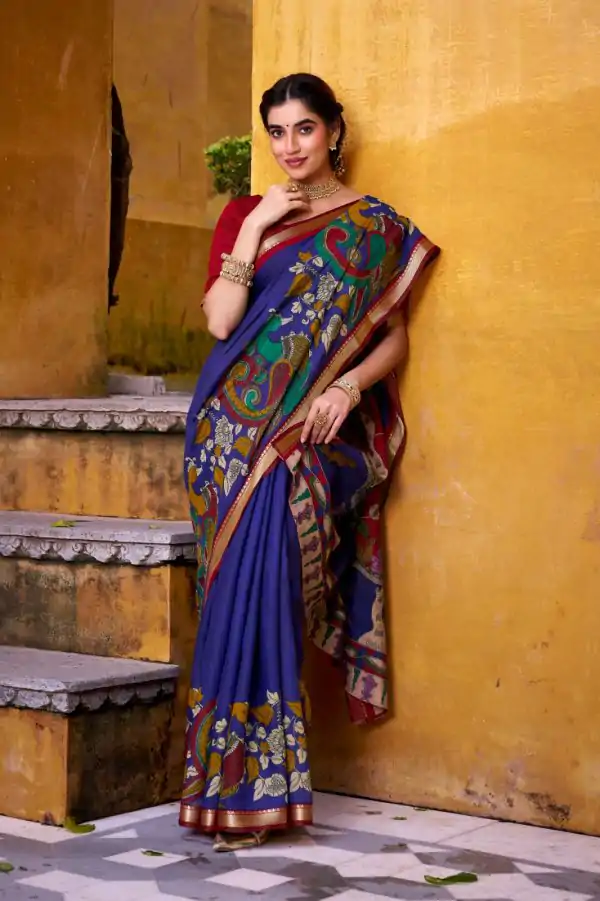 Blue Polyester Kalamkari Saree