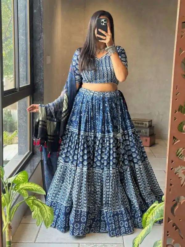 Blue Rayon Print Lehenga Choli