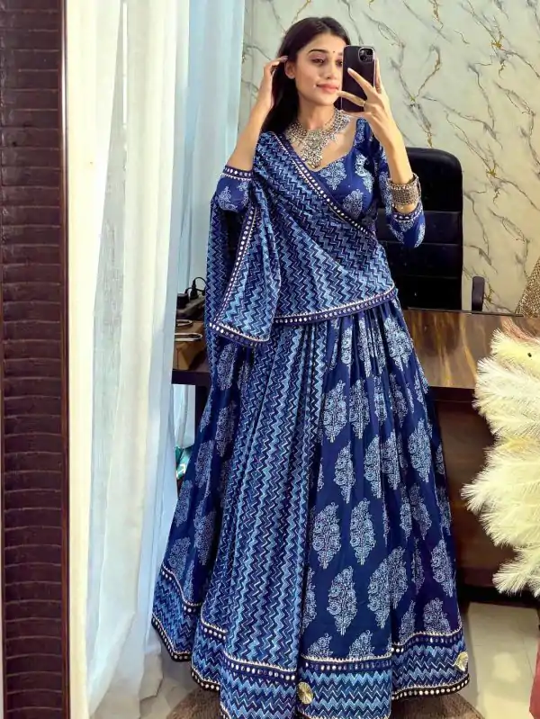 Blue Rayon Printed Lehenga Choli