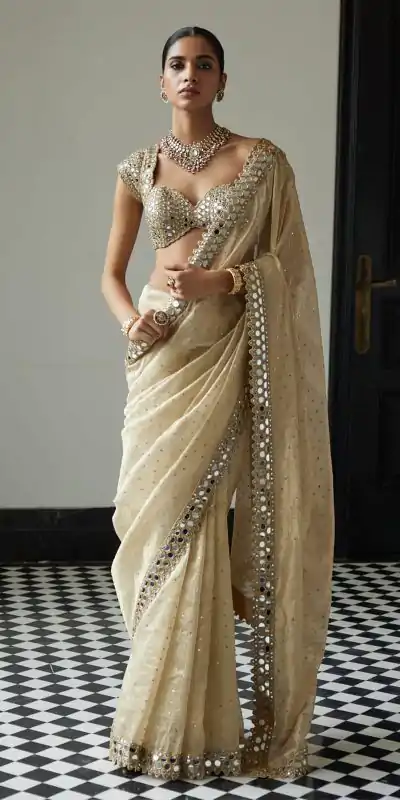 Cream Organza Sequins Saree