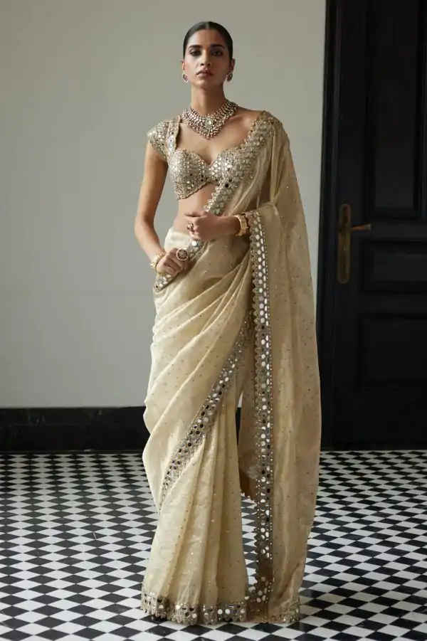Cream Organza Sequins Saree