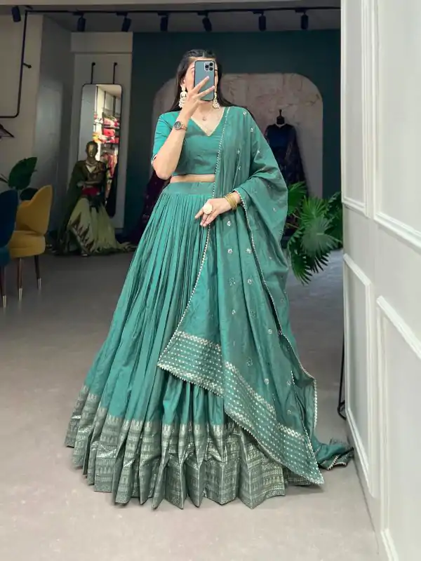 Firozi Chanderi Weaving Lehenga Choli