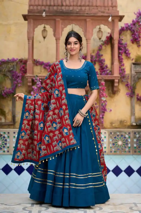 Firozi Cotton Plain Lehenga Choli