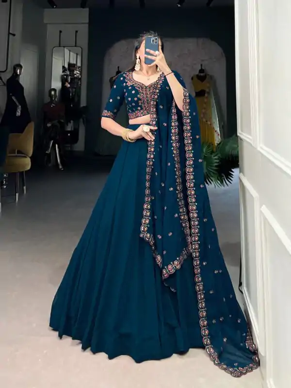 Firozi Georgette Plain Work Lehenga Choli