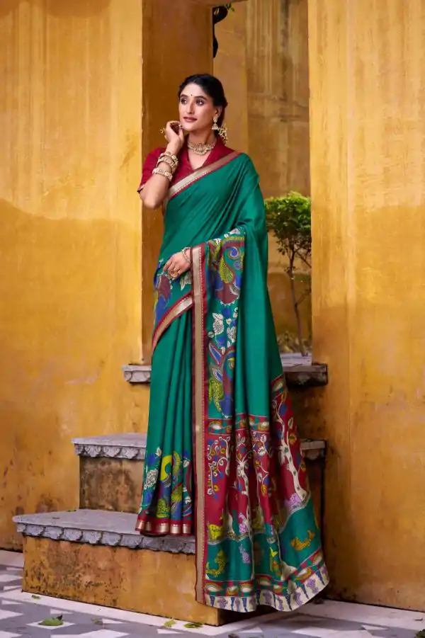Firozi Polyester Kalamkari Saree