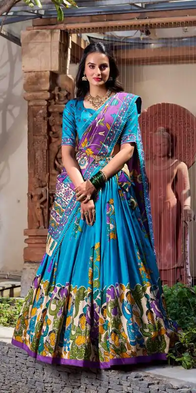Firozi Silk Kalamkari Lehenga Choli