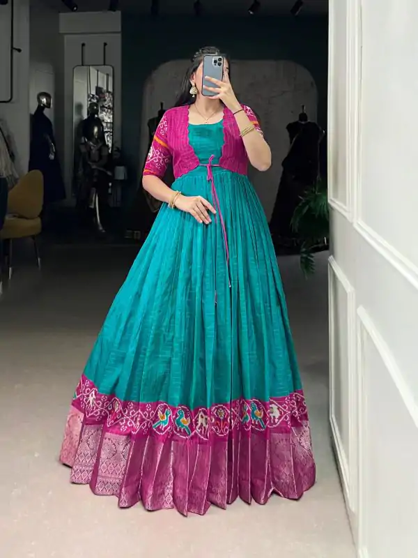 Firozi Tasar Chex Patola Print Gown