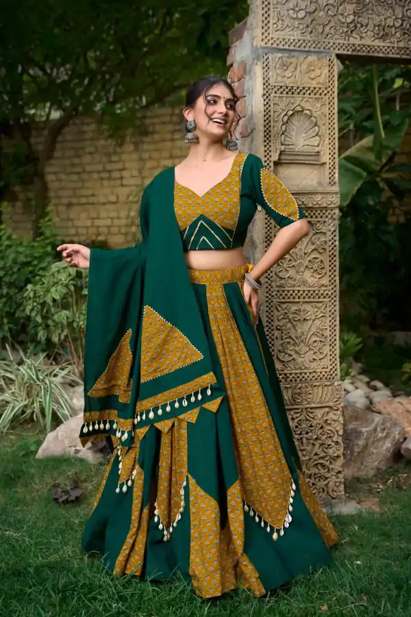 Green Cotton Plain Printed Lehenga Choli