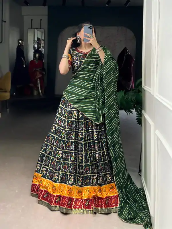 Green Cotton Printed Lehenga Choli