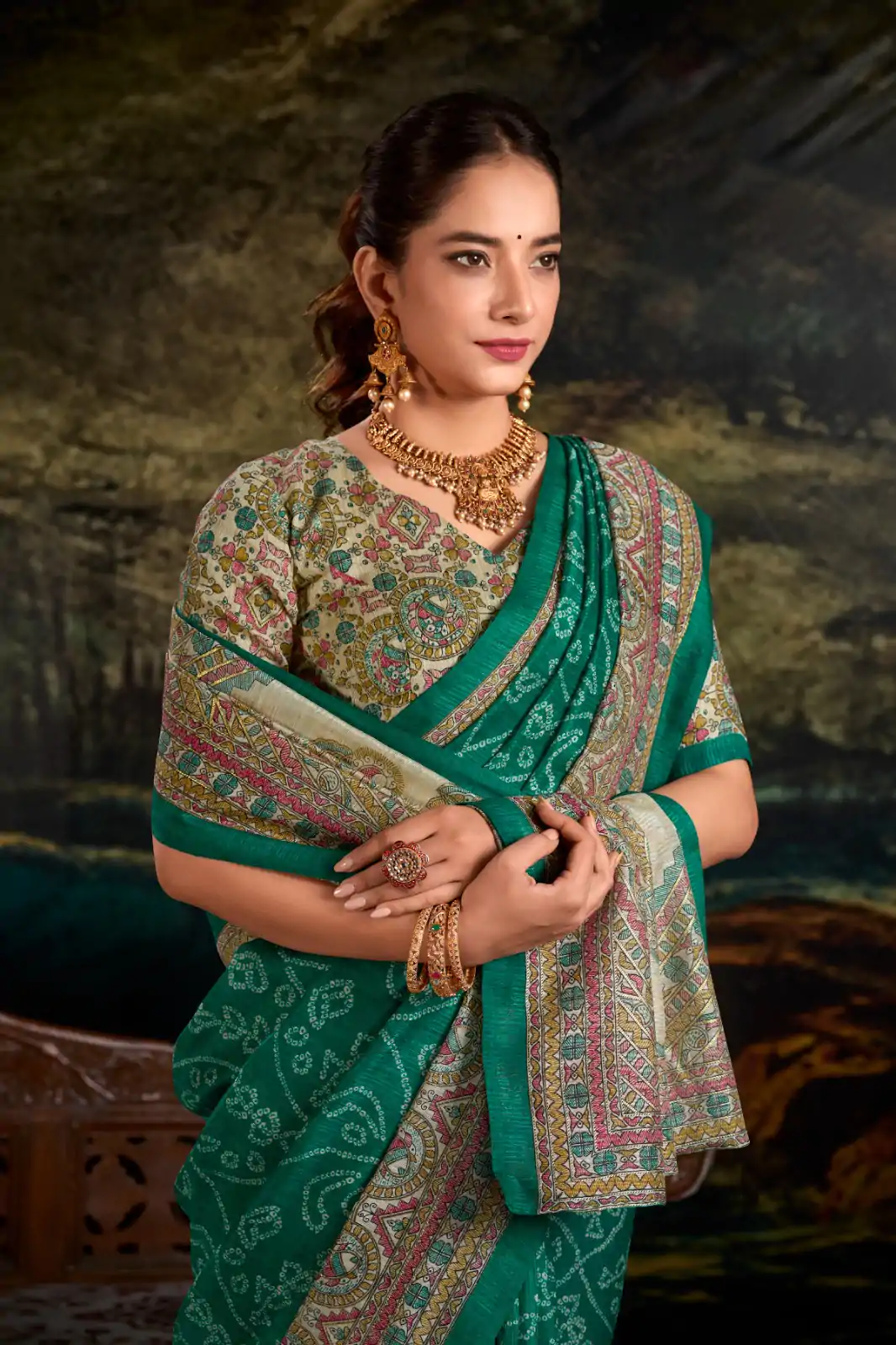 Green Green Silk Madhubani Saree - Image 3