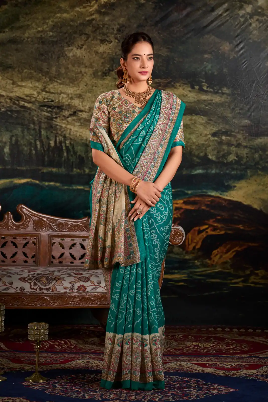 Green Green Silk Madhubani Saree - Image 2