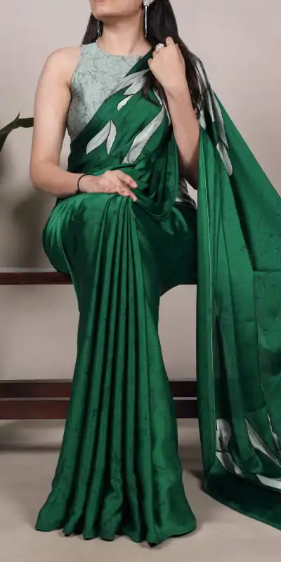 Green Satin Floral Printed Saree