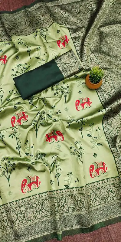 KP 6004 Green Soft Lichi Silk Jacquard Work With Designer Work Saree. Grab it for ₹1499. Delivery 4-6 Working Days. Shop now. | Bollywood Sarees, Creative Sarees, Designer Sarees, Embroidered Sarees, Ethnic Saree, Modern Digital sarees, Party Wear Sarees, Sarees
