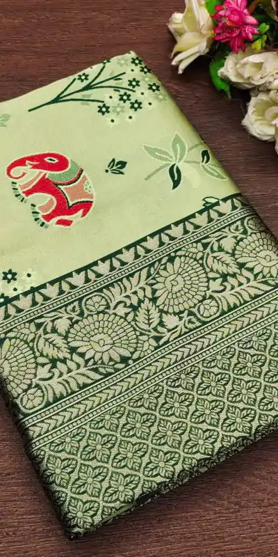KP 6004 Green Soft Lichi Silk Jacquard Work With Designer Work Saree. Grab it for ₹1499. Delivery 4-6 Working Days. Shop now. | Bollywood Sarees, Creative Sarees, Designer Sarees, Embroidered Sarees, Ethnic Saree, Modern Digital sarees, Party Wear Sarees, Sarees