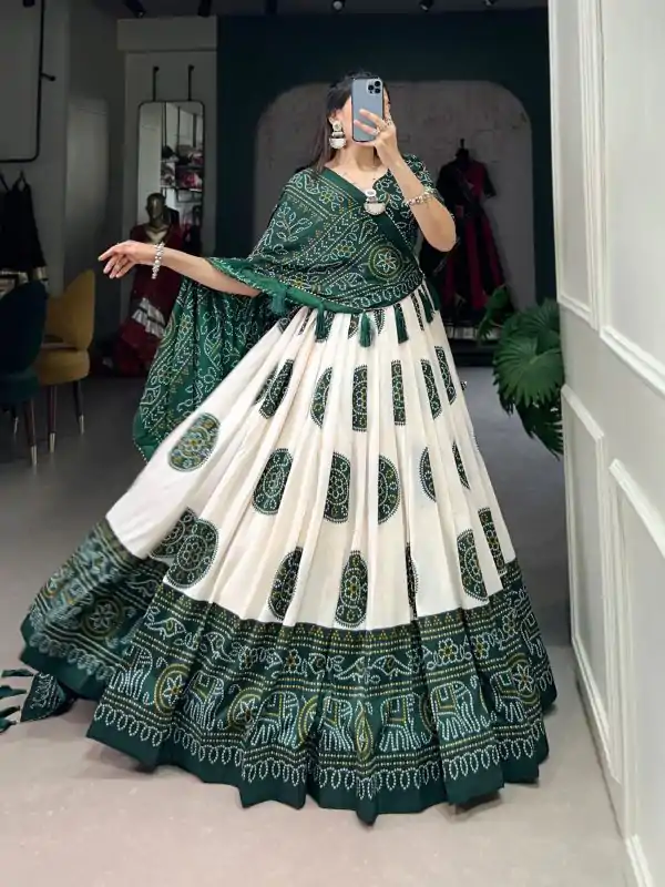 Green Tasar Bandhej Lehenga Choli