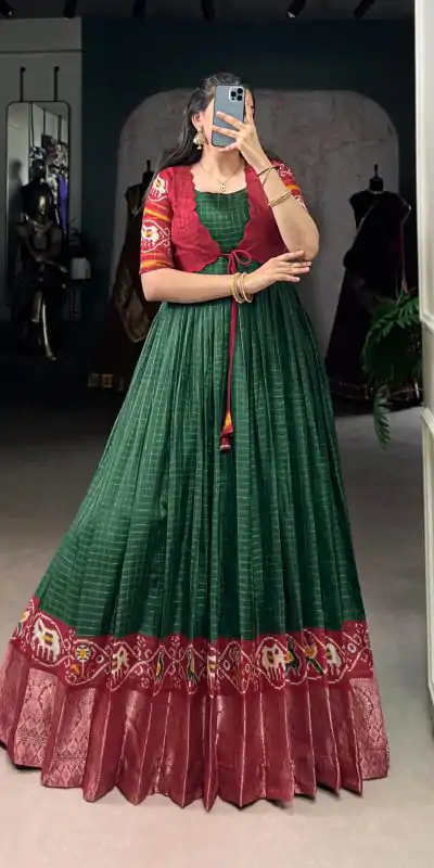 Green Tasar Chex Patola Print Gown