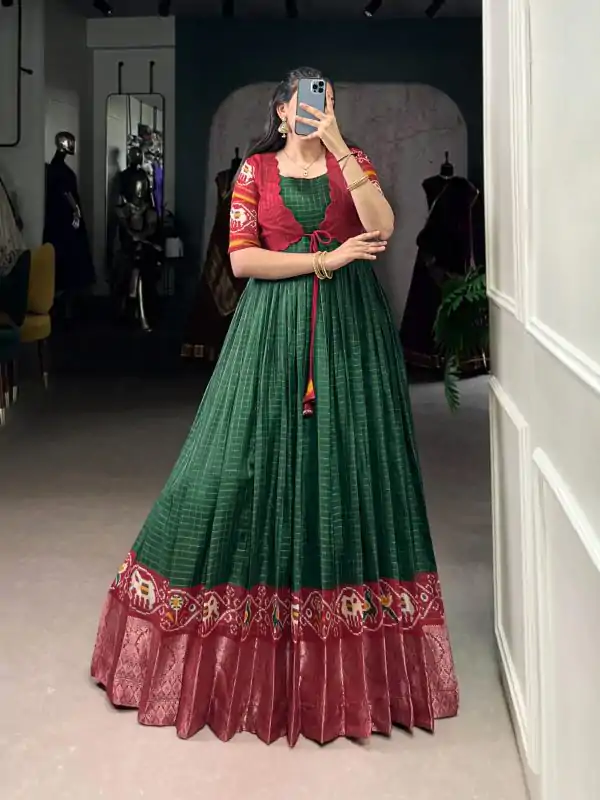 Green Tasar Chex Patola Print Gown