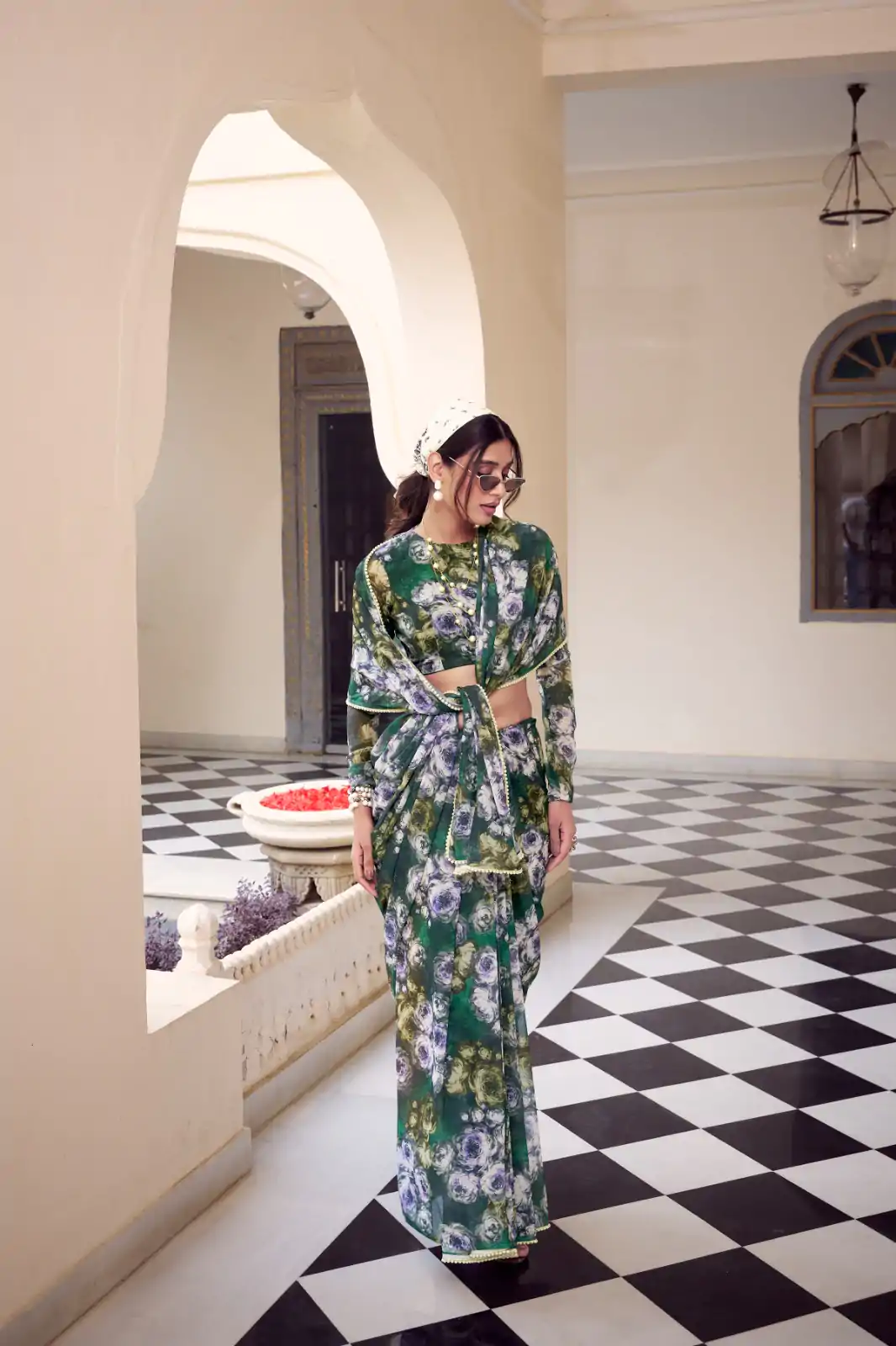 Green Weightless Floral Printed Saree - Image 2