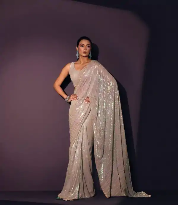 Grey Georgette Rainbow Sequins Saree