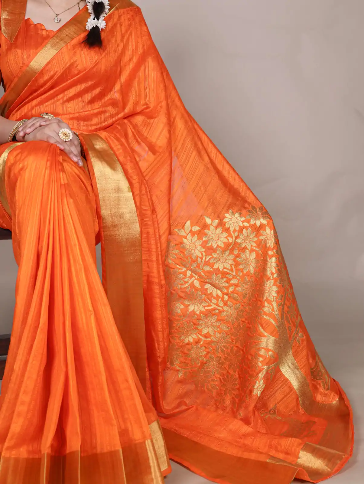 Light Orange Raw Silk Zari Weaving Saree - Image 2