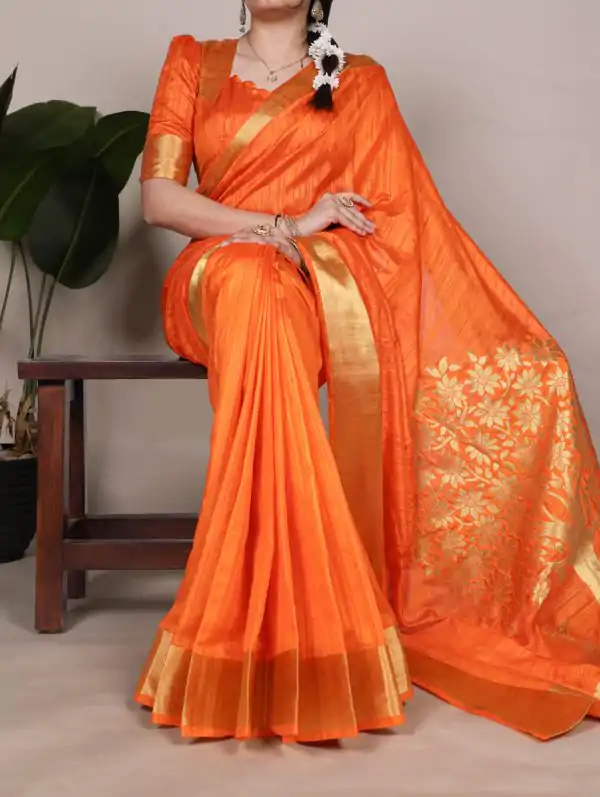 Light Orange Raw Silk Zari Weaving Saree