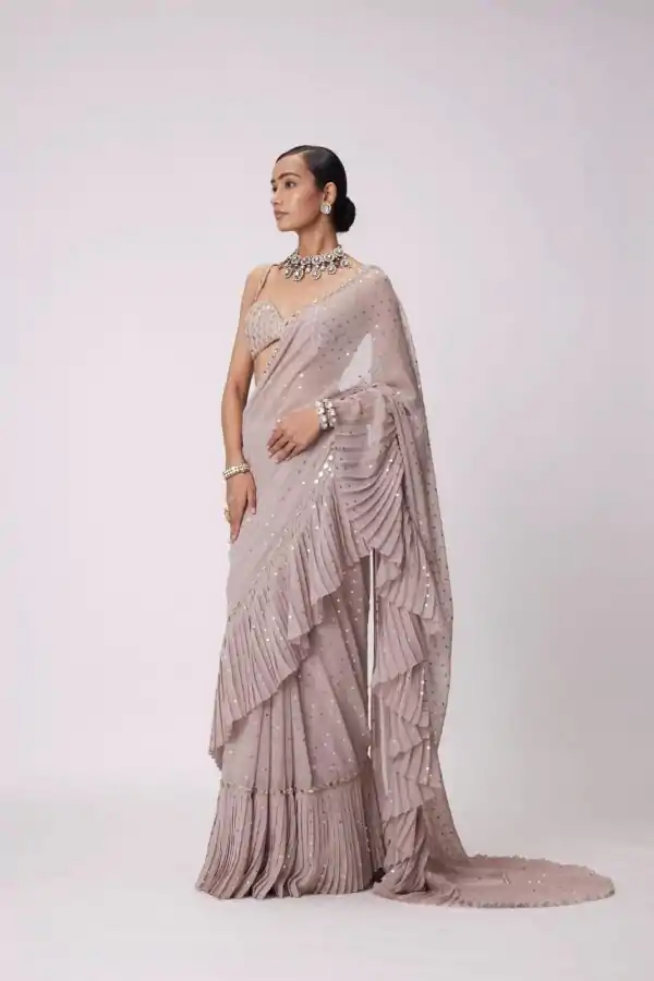 Light Peach Faux Georgette Sequence Saree