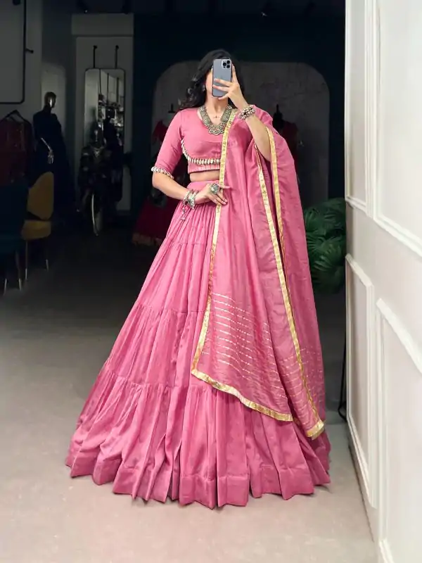 Light Pink Chanderi Plain Lehenga Choli