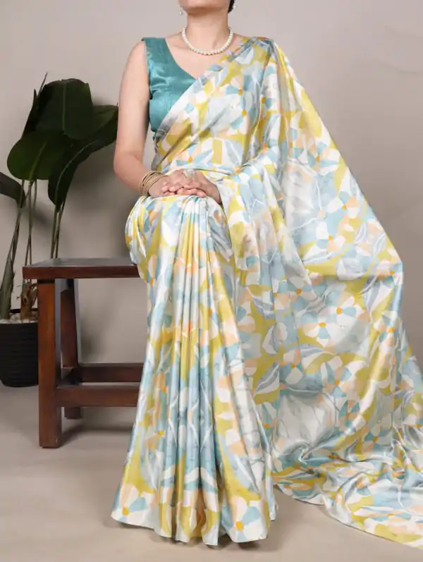 Light Yellow Satin Silk Printed Saree