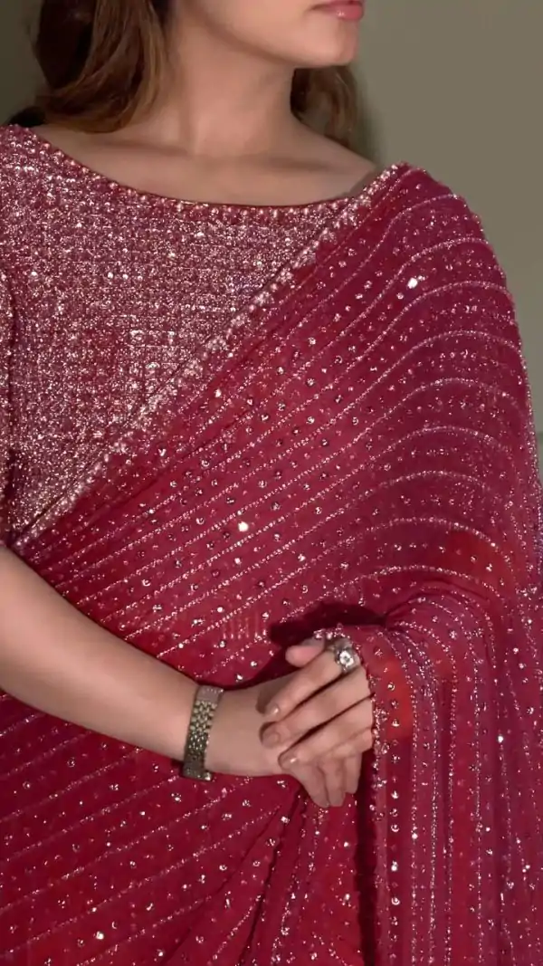 YNF 3452 Maroon -DF 3452 Color Georgette Sequins Multy Embroidery Work Saree Casual, Wedding, Festive, Events . Expected Delivery  4-6 Working Days @1799/- only                                                                                | Bollywood Sarees, Creative Sarees, Designer Sarees, Embroidered Sarees, Ethnic Saree, Modern Digital sarees, Party Wear Sarees, Sarees