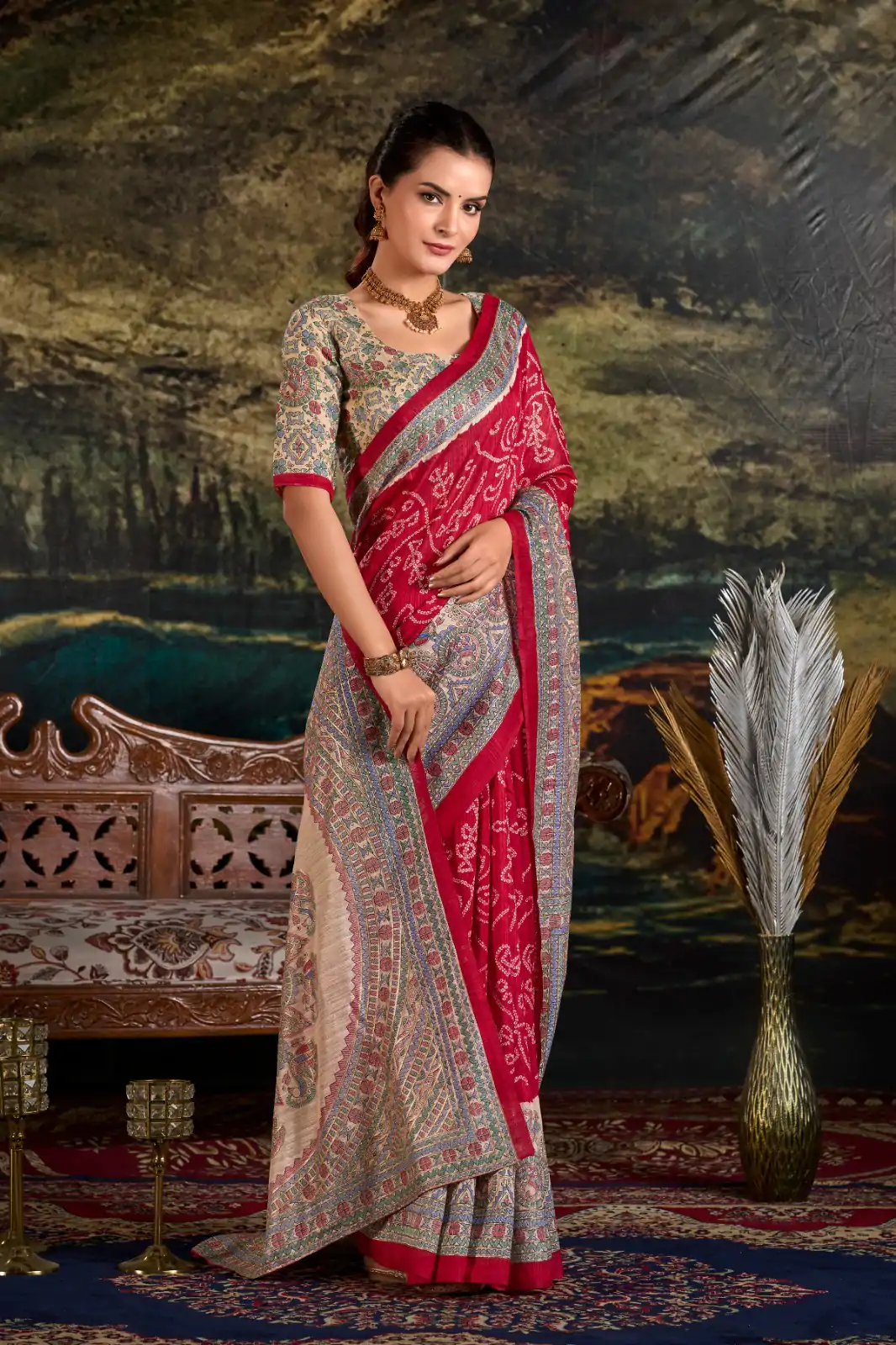 Maroon Green Silk Madhubani Saree - Image 2