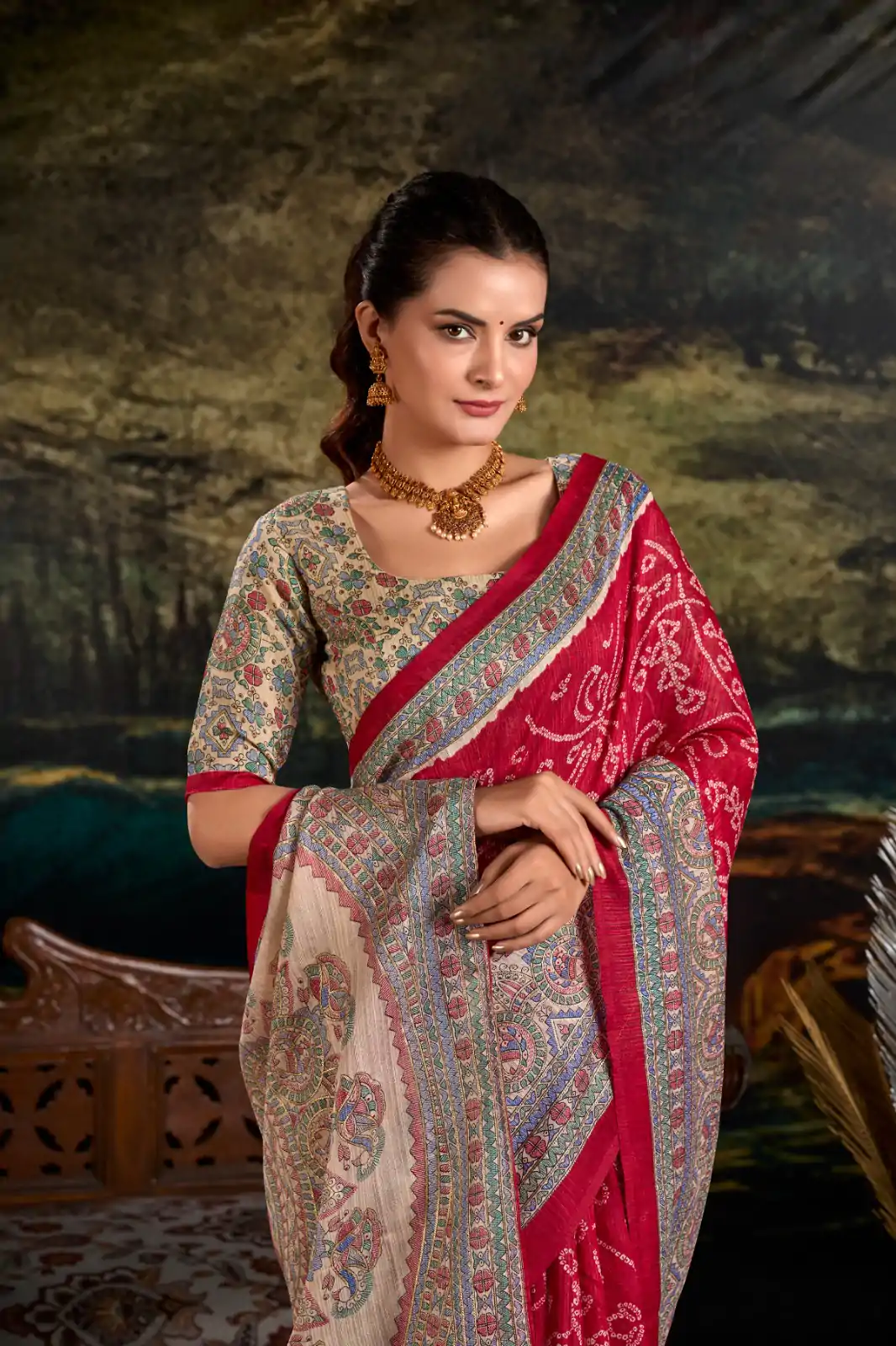 Maroon Green Silk Madhubani Saree - Image 3