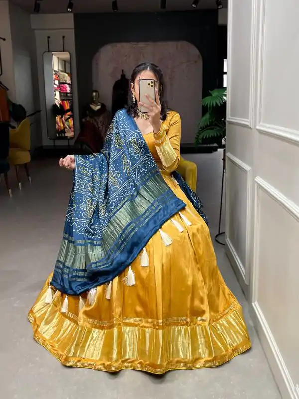 Mustard Gaji Silk Lagdi patta Lehenga Choli